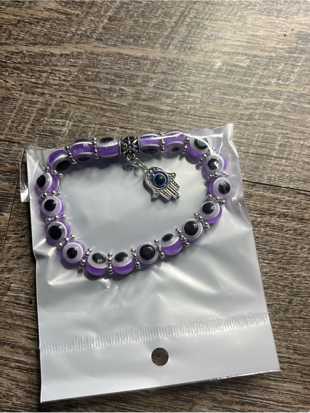 Purple Evil Eye Bead Bracelet with Hamsa Charm